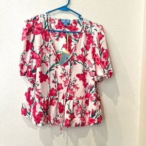 CeCe Pink and Green Floral Peplum Blouse with puff sleeves NWT